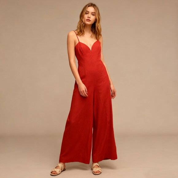 Farm Rio Pants - NWOT Farm Rio Linen Blend Sleeveless Halter Wide Leg Jumpsuit Sz XL Red